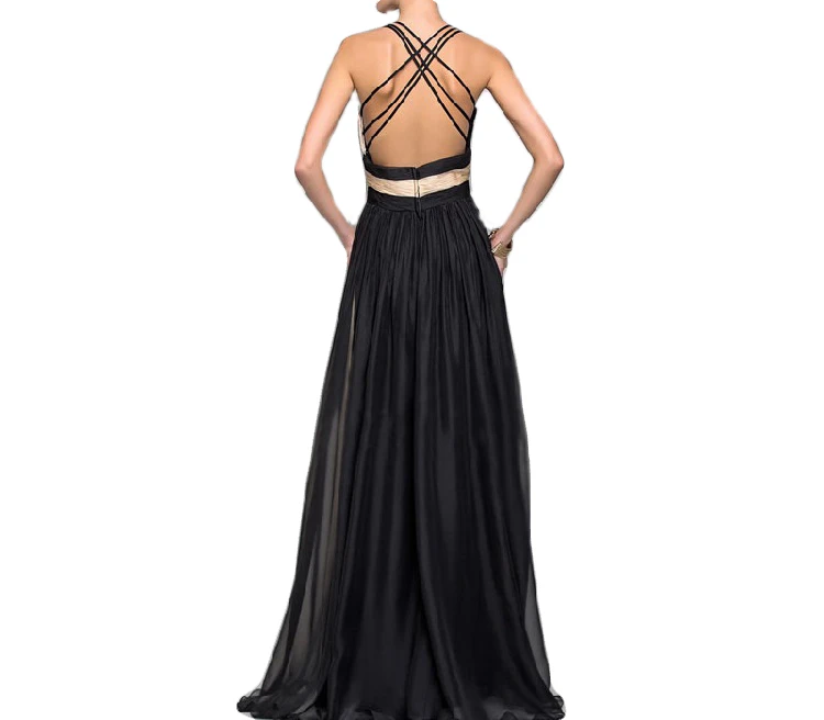 The New Fashion V-neck Backless Contrast Color Long Style Evening Dress For Women