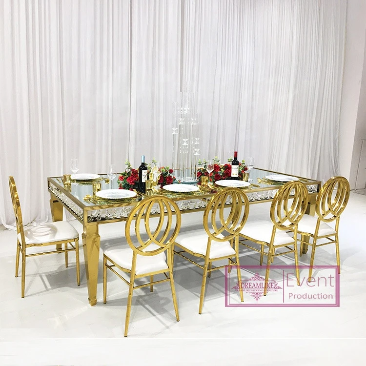Wedding furniture gold outdoor dining tables with crystal in restaurant