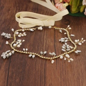 Wedding Hair Accessories Golden Crystal Ribbon, Popular Freshwater Pearl Bridal Hair headband for Woman
