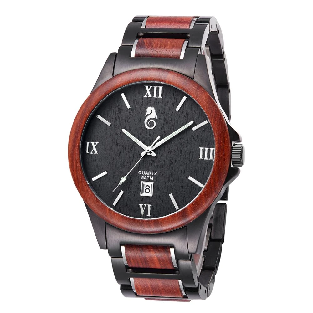 Wholesale China High Quality Black Ebony Red Wooden Watches Men Luxury Luminous Waterproof Stainless Steel Wood Watch