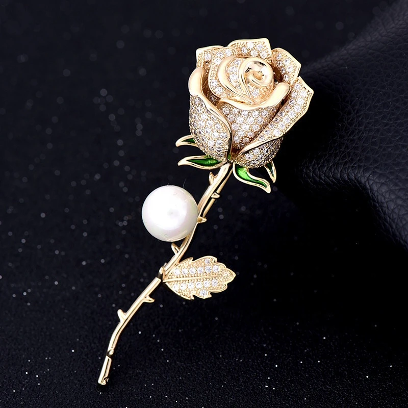 Wholesale womens 18K gold plated pearl rose flower full zircon decorative safe brooch jewelry
