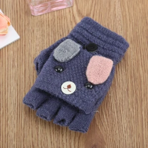 Winter Christmas Kids Warm Gloves Primary School Cashmere Knit Flip Half Finger Gloves Cartoon Mittens For Boys Girls 6-12Y