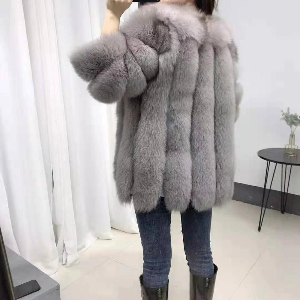 Women&#x27;s full pelt winter thick short real fox fur coat ladies long sleeve natural fur jacket