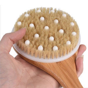Wooden Shower Bath Body Brush with Boar Bristle long handle bamboo shower scrubbing brush with grip