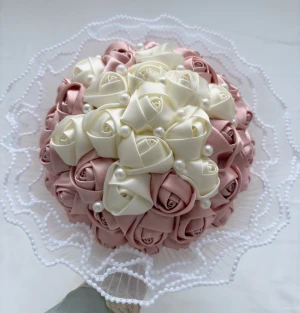 Satin Rose Bridal Bouquet With Pearl Lace, Wedding Hand Flower