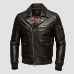 Men’s Premium Brown Leather Bomber Jacket Multiple Pockets Design
