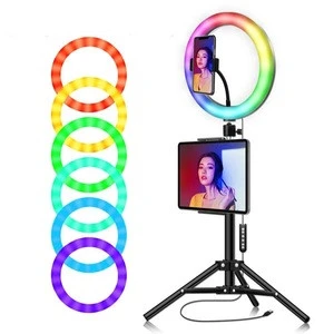 12 inch RGB Dimmable LED Ring Vlogging Selfie Photography Video Lights with Cold Shoe Tripod Ball Head &amp; Phone Clamp