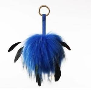 15cm big pom pom with feather key chain raccoon fur bobble bag charm