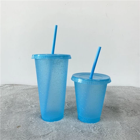 16oz 24oz Plastic Iced Coffee Cup Set glitter Frosted Plastic Cups Durable & Splash-Proof Water Tumbler with Lids and Straws