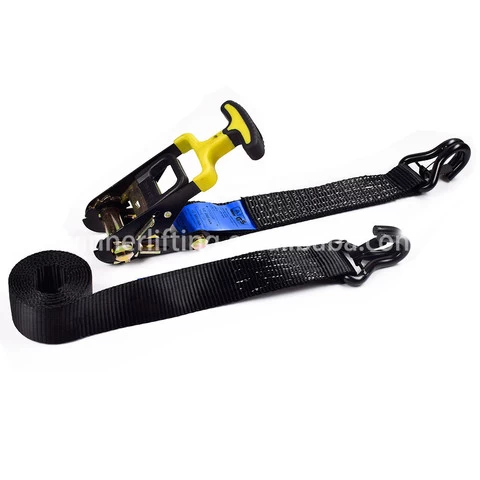 2" 5000kgs 50mm Custom Cheap T Rubber Handle Ratchet lashing Strap Black Webbing With 2 Inch Double J Hooks Safety Latch