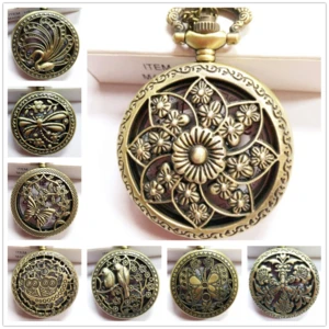2016 New desgin MixedLot Vintage Bronze Engraved Hollow Flower Quartz Pocket Watches men Pendent Chain Necklace Gift IN STOCK