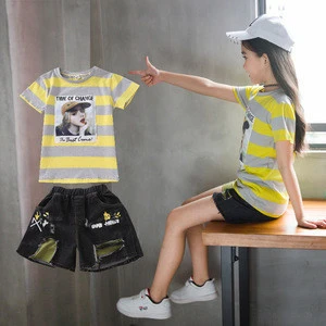 2019 Girls Summer Short Sleeve Set kids T shirt and Jeans Shorts 2 pieces sets childrens clothing sets top and shorts outfits