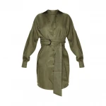 2021 Fashion Women Turn Down Collar Belted Tie  Plus Size Satin Shirt Dress
