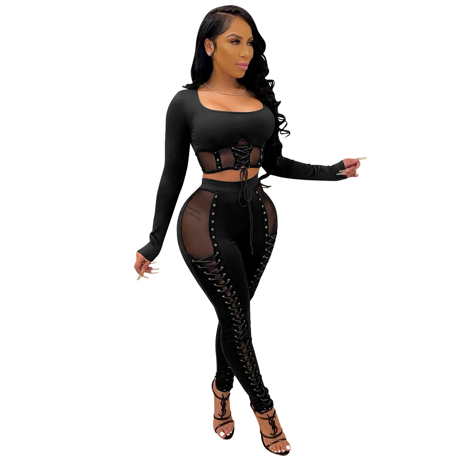 2021 New Arrivals Fashion Women Sexy Long Sleeve Crop Hollow Out Drawstring Pants See-through Mesh Patchwork Outfits Jumpsuit