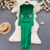 2023 High-end Red Temperament Long Sleeve Knitted Dress Autumn Womens Hot Girl Waist Slit Cover Hip Skirt