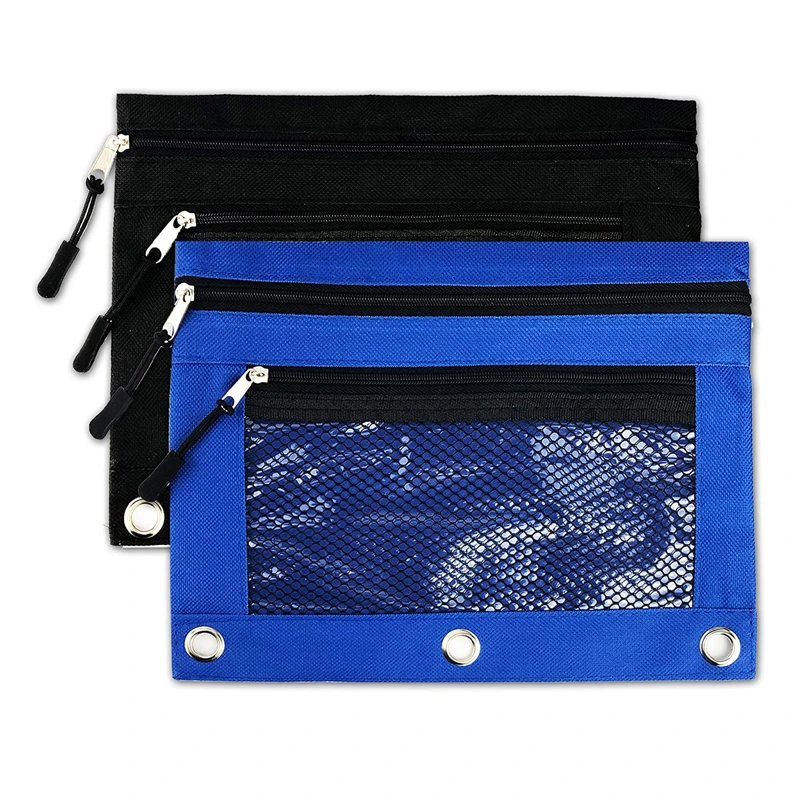 3 Ring Zipper Pulls Double Pockets Pencil Case with Clear and Mesh Window Binder Pencil Pouches