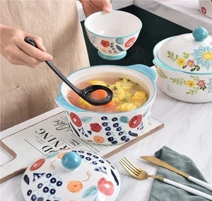 8 Inch Porcelain round pot Ceramic Soup Bowls with Lid Japanese Style Plant Flowers Series Suit for Fruit Snacks Noodle Dishes