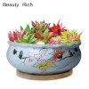 8in Large Round Succulent Planter Pot White Ceramic Flower Pot Indoor and Outdoor Hand-Painted Planter with Bamboo Tray