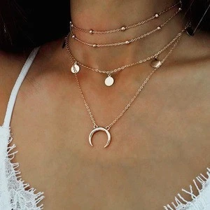 ANUSN-006 2019 Dainty Silver Heart Diamond Alloy Moon And Star Choker 3 Layer Necklace Jewelry For Beautiful Girls Wholesale