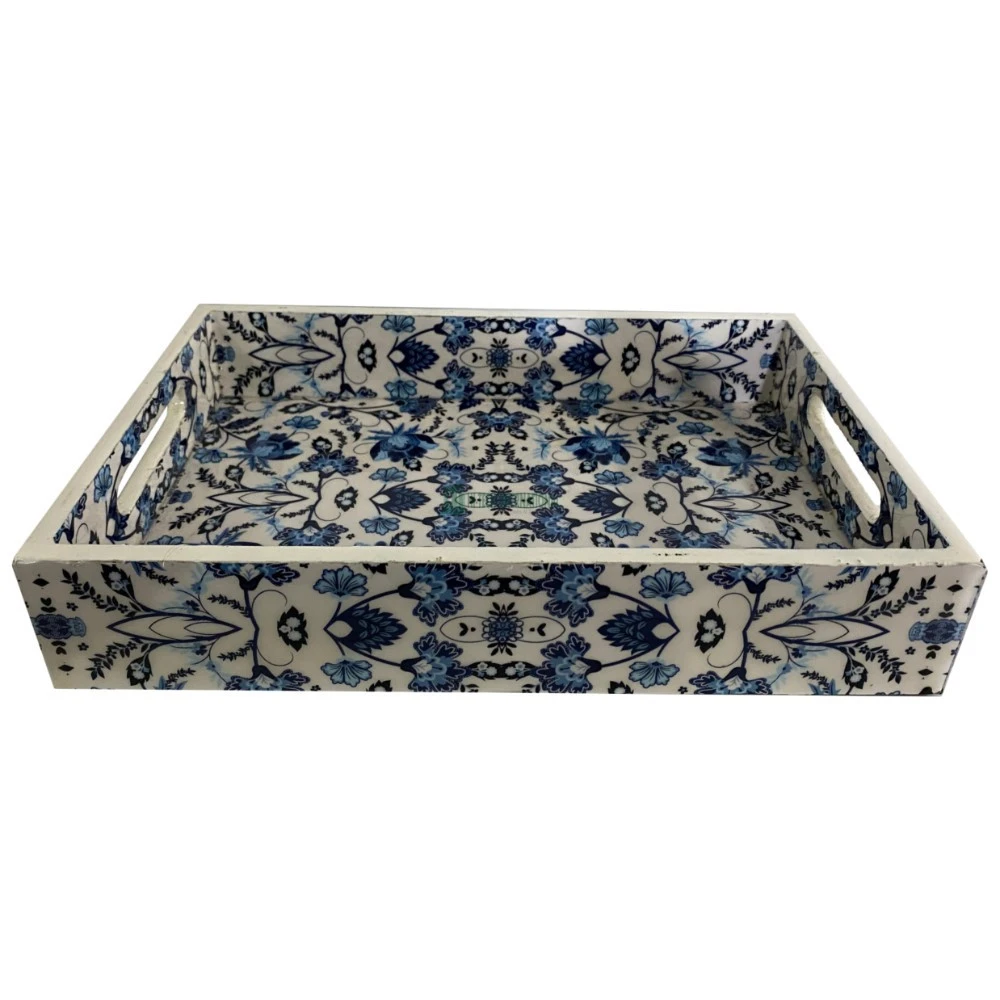 Beautiful Wood Tray with Enamel Paint Finish- Designer Blue Print Serving Tray - Wholesale Bulk Rectangular Mango Wood Tea Trays