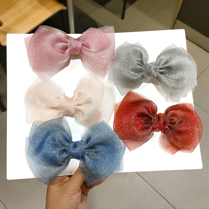 BELLEWORLD Korean fashion sweet solid color organza bling bow hair clips hairpin accessories baby girls women