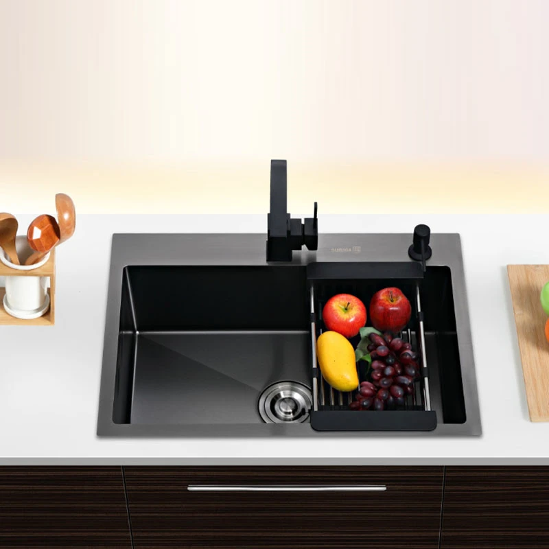 Black single kitchen sink above counter or udermount vegetable washing basin  stainless steel 68*45 cm