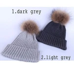 Classical Style Raccoon Fur Pom Pom Wool Blended Rib knitting Winter Beanie Hat