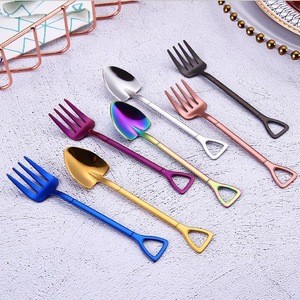 Creative color 304 stainless steel small shovel spoon fork gold tableware coffee spoon