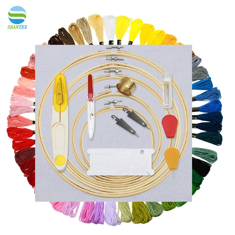 Cross Stitch Tool Kit Embroidery Starter Kit Including Bamboo Embroidery Hoops, 50 Color Threads, 2 Pieces 14ct aida cloth