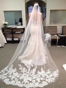 Custom Make Long Lace Bridal Veils One Layer Wedding Accessories Free Shipping Cheap White Wedding Veils 3m Long BV002