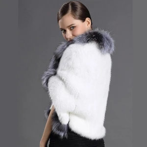 CX-B-M-41G New Winter Cape Knitted Mink Fur Shawl Real Fox Fur Trimmed Poncho Shawl Scarf