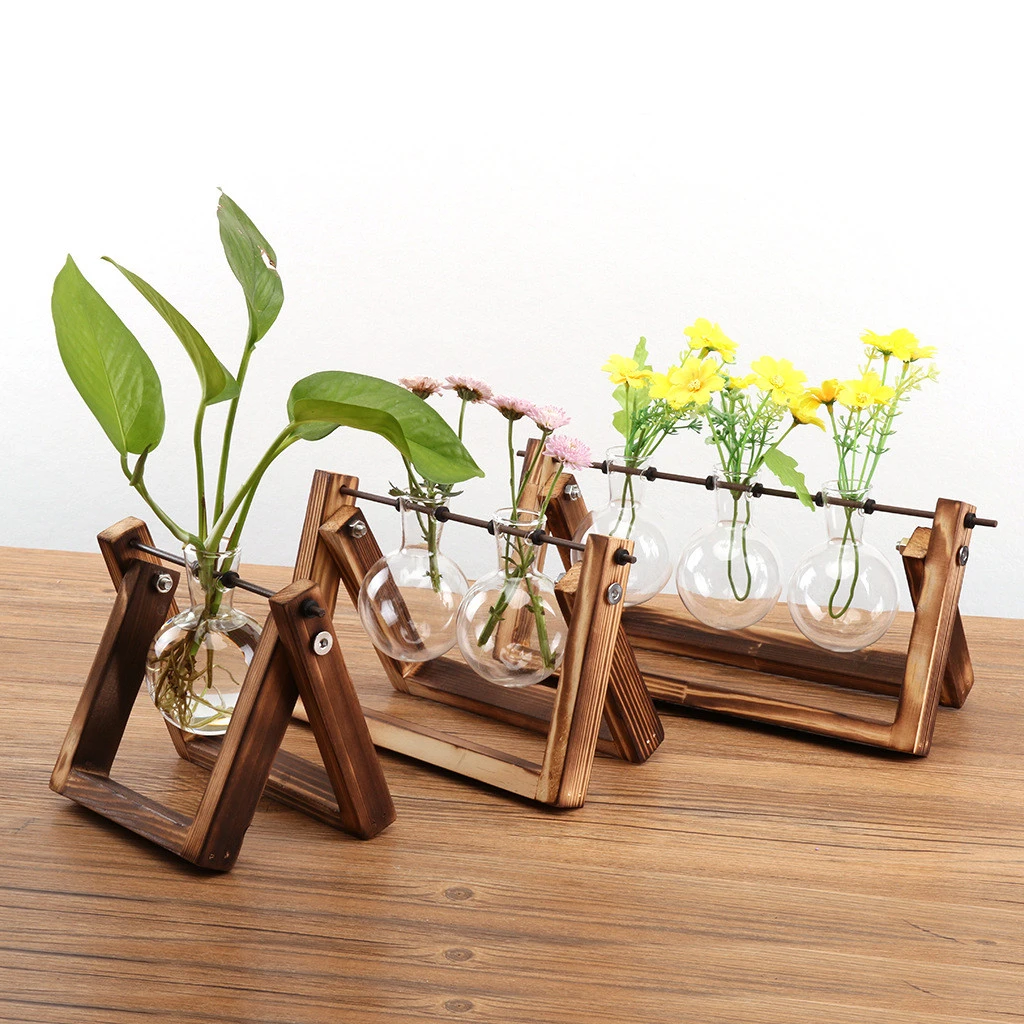 Desktop Glass Planter Bulb Vase Retro Solid Wooden Stand and Metal Swivel Holder for Hydroponics Plants Home Garden Wedding Deco