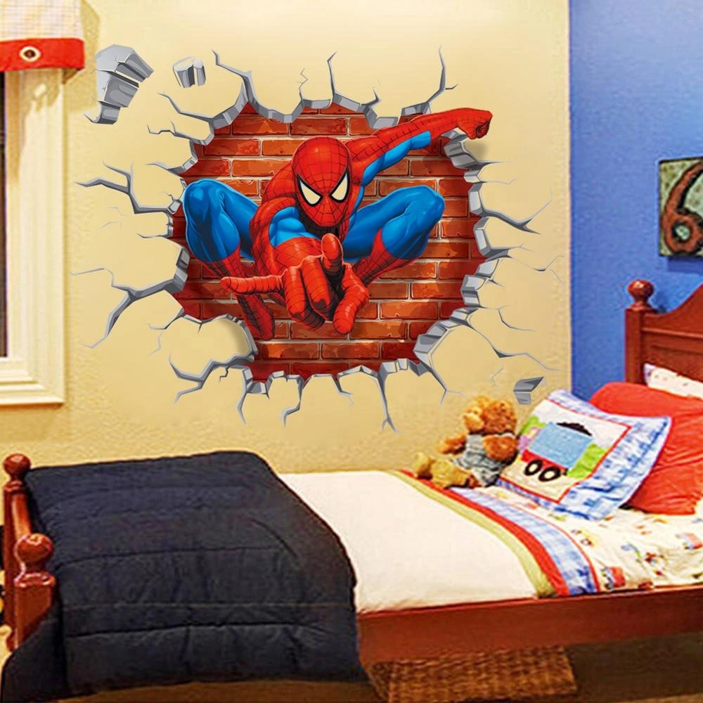 DIY Removable Spiderman 3D Cracked Children Themed Art Boy Room Wall Sticker Home Decal