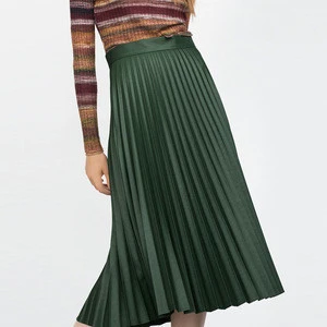 Ecoach Wholesale Fashion Green Pleated PU Long Skirt 2016 custom design pu leather fabric Skirt for ladies wear