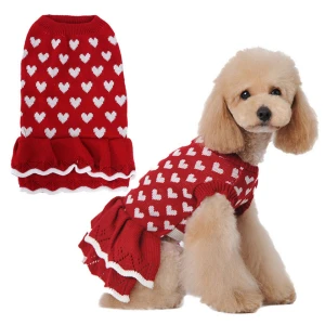Elegant red pink heart knitted sweater pet dress dog clothes pet apparel
