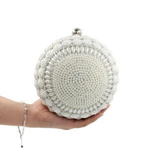 Fashion Round Pearl Beaded Evening Box Clutch Bag With Metal Handle