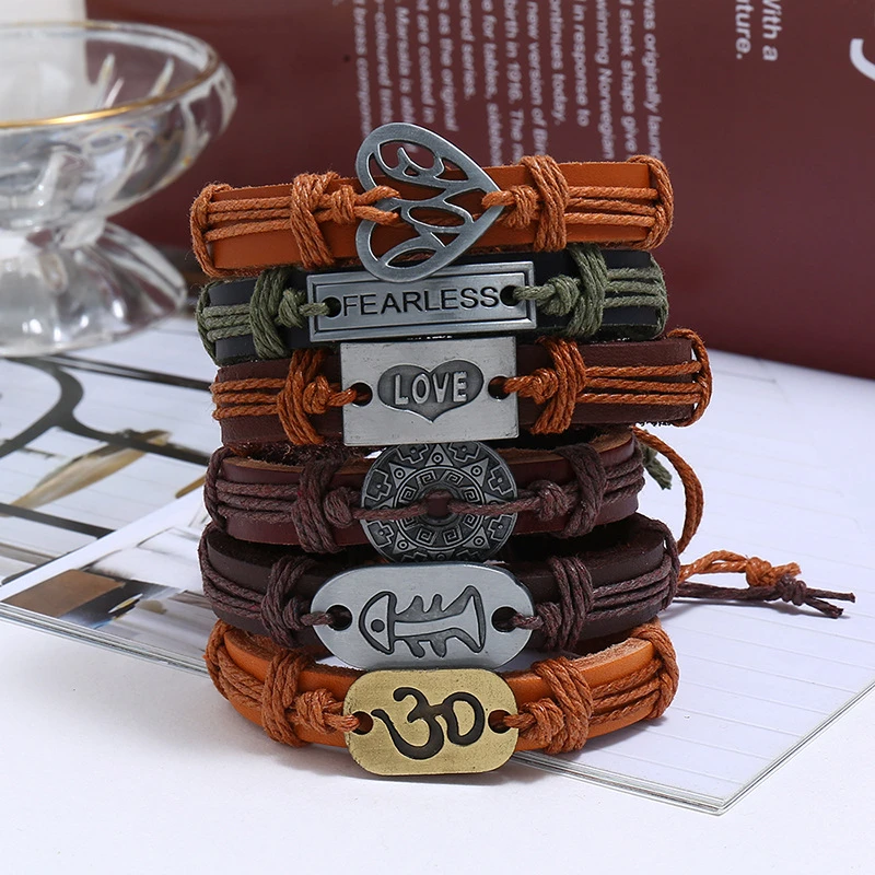 Fashionable Handmade DIY Jewelry Hot Selling Men Charm Leather Wristband Vintage Alloy Parts Leather Cuff Bracelet