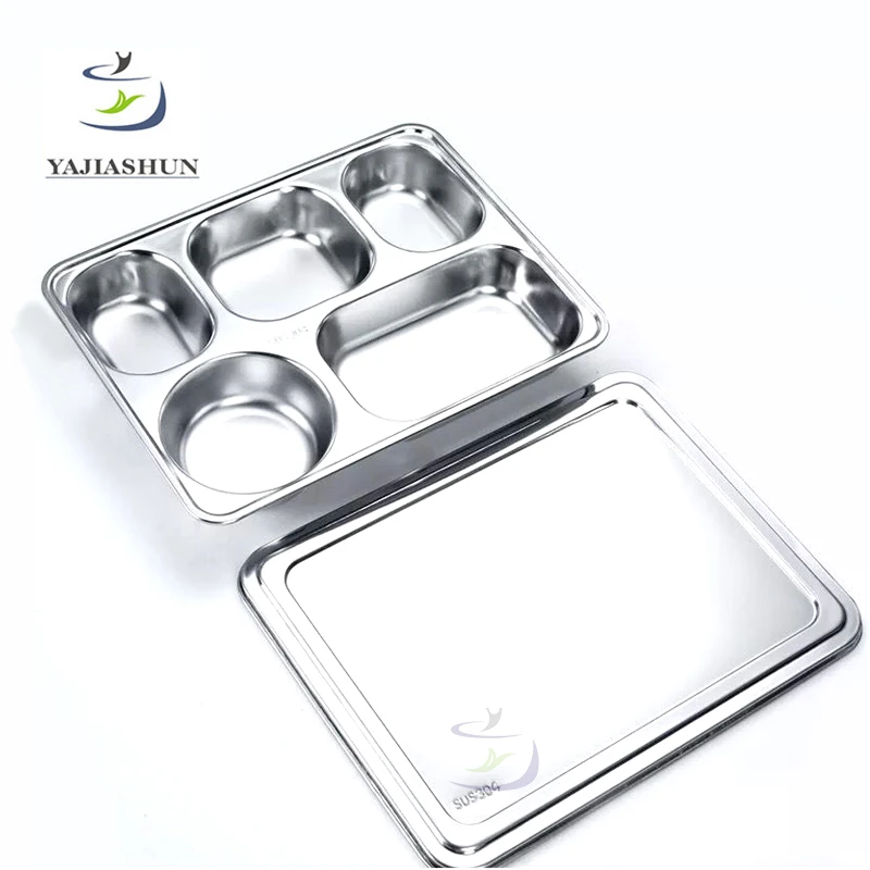 Food Grade 304 Stainless Steel  3/4/5 Compartment School Lunch Tray Dinner Plate Fast Food Serving Tray With Lid