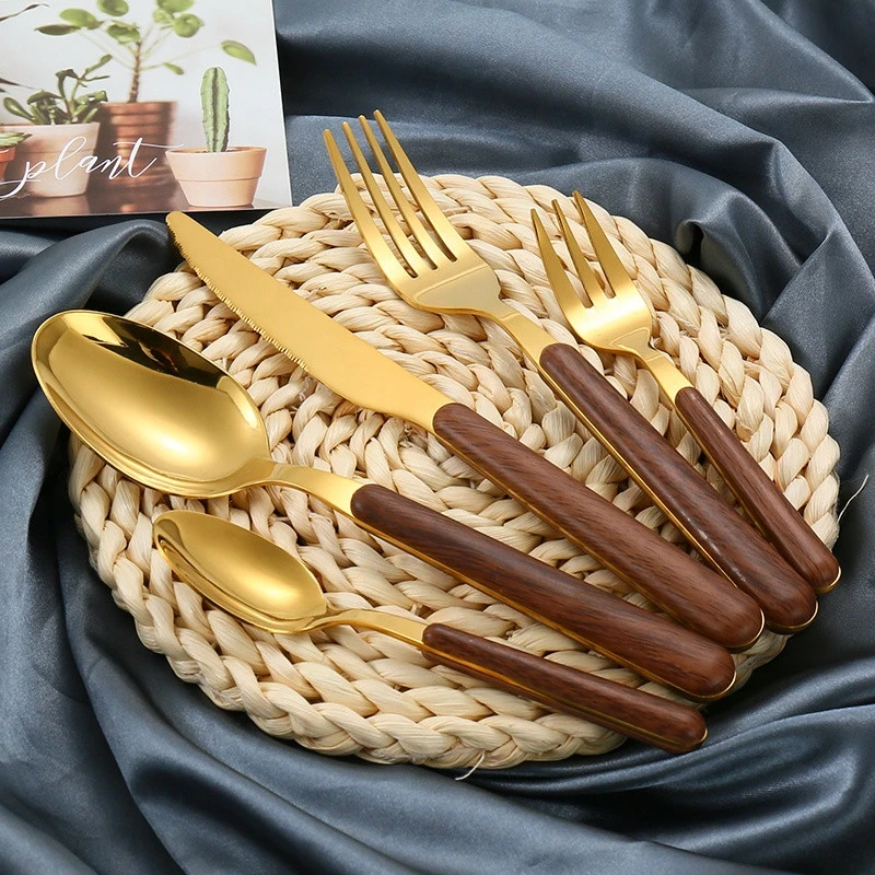 Food Grade Stainless Steel 430 Reusable Spoon Fork Knife Silverware ABS Plastic Handle Cutlery Set with Wooden Grain