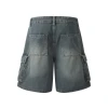 Functional pocket workwear denim shorts mens punk street vibe washed old summer loose straight male jorts