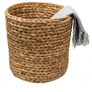 Hand-woven 100% natural hyacinth storage basket with iron frame household clothes storage bucket