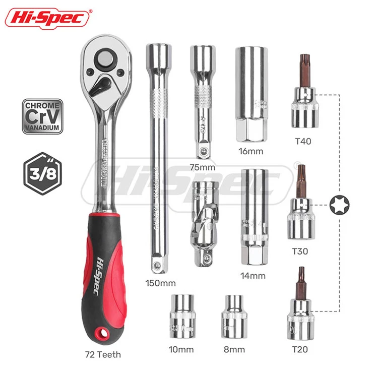 Hi-Spec 11pc 3/8 Spark Plug Socket Wrench Hex Socket Adapter Torque Wrench Spanner Set Ratchet Wrench Mechanics Tool Box Set