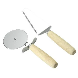High Quality 2 Pack 1Set Wheel Blade Pizza Cutter / Slicer &amp; Pie Server Cake server with Wooden Handle