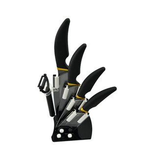 High quality 5pcs rubber handle black blade porcelain knife with stand,ceramic kitchen knife