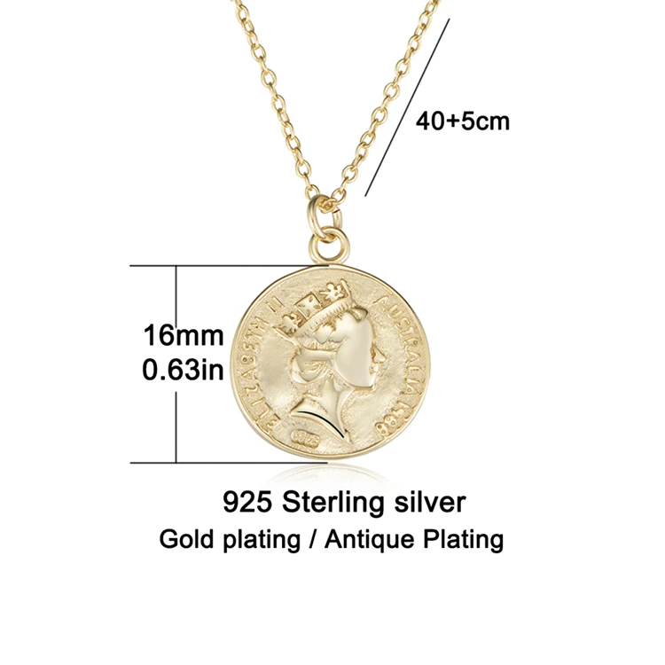 High quality Antique jewelry collar gold plated queen elizabeth coin pendant necklace