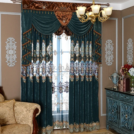 home curtain luxury embroidery blackout drapes curtain with valance