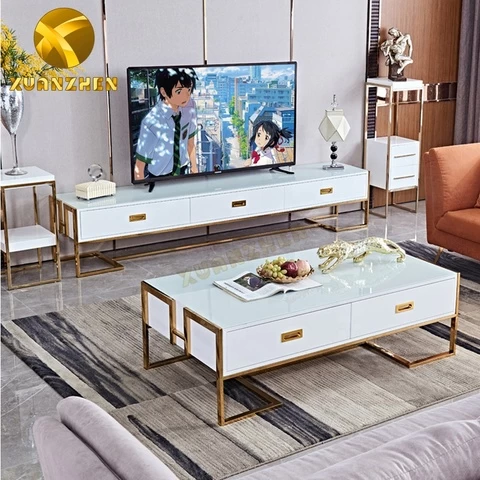Home metal furniture sets white glass coffee table and tv stand gold center table modern coffee table for sale