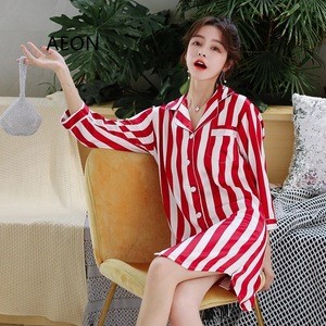 Hotsale red stripe t shirt  sexy polyester nightshirt for women satin stripe shirt dress night dress