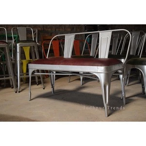 Industrial Iron Reclaimed Wooden Two Seater Bench With Leather Seat Bench For Office Use