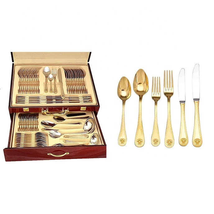 Inox Italy silverware 24k gold plated stainless steel cutlery set 72 piece flatware service for 12